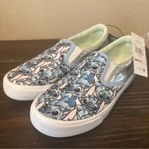 Disney Kids Blue Stitch Pattern Slip-On Sneakers with Silver Glitter Heel size 4